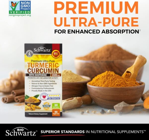 Image of a bottle containing curcumin supplement and raw material turmeric in bowls
